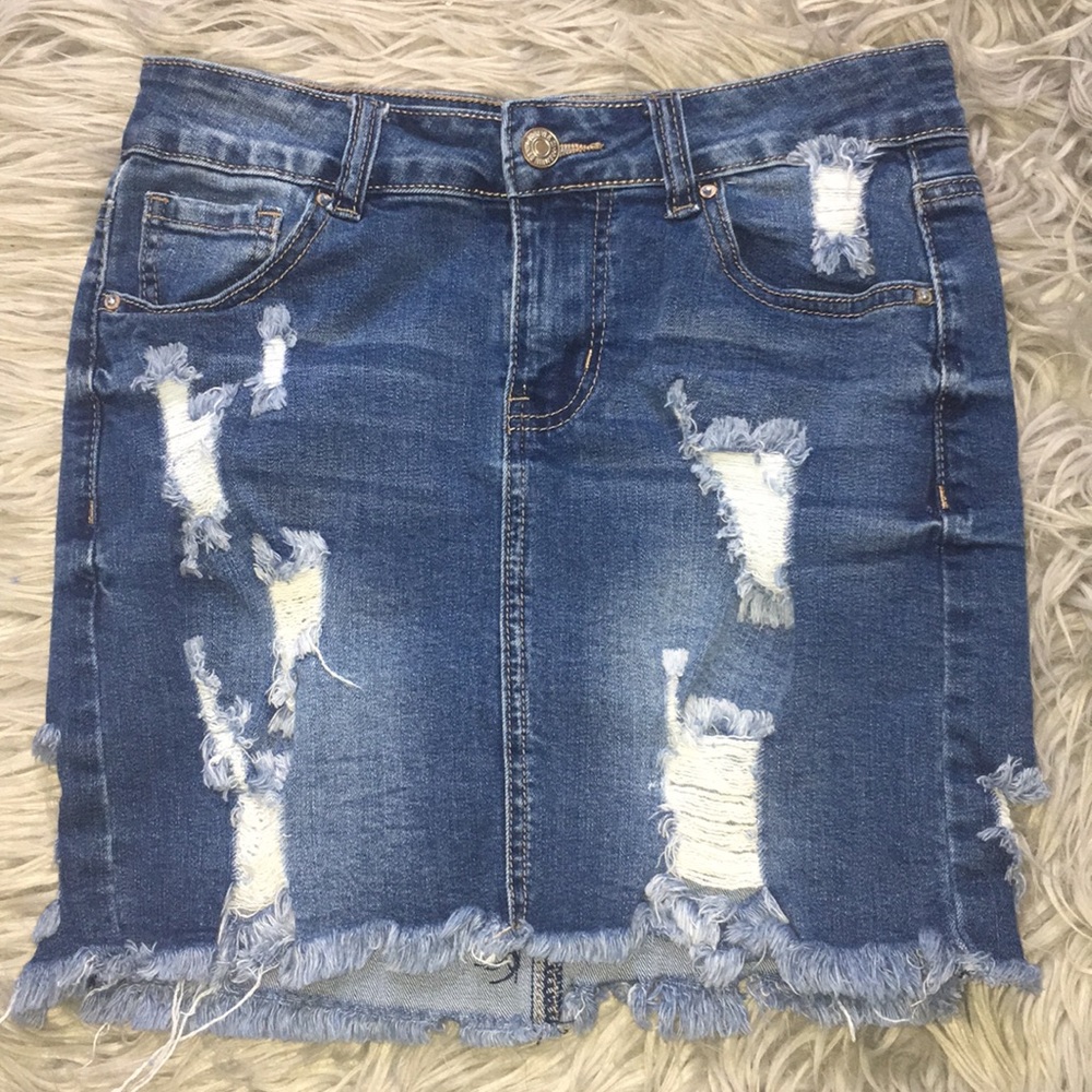 Distressed denim skirt